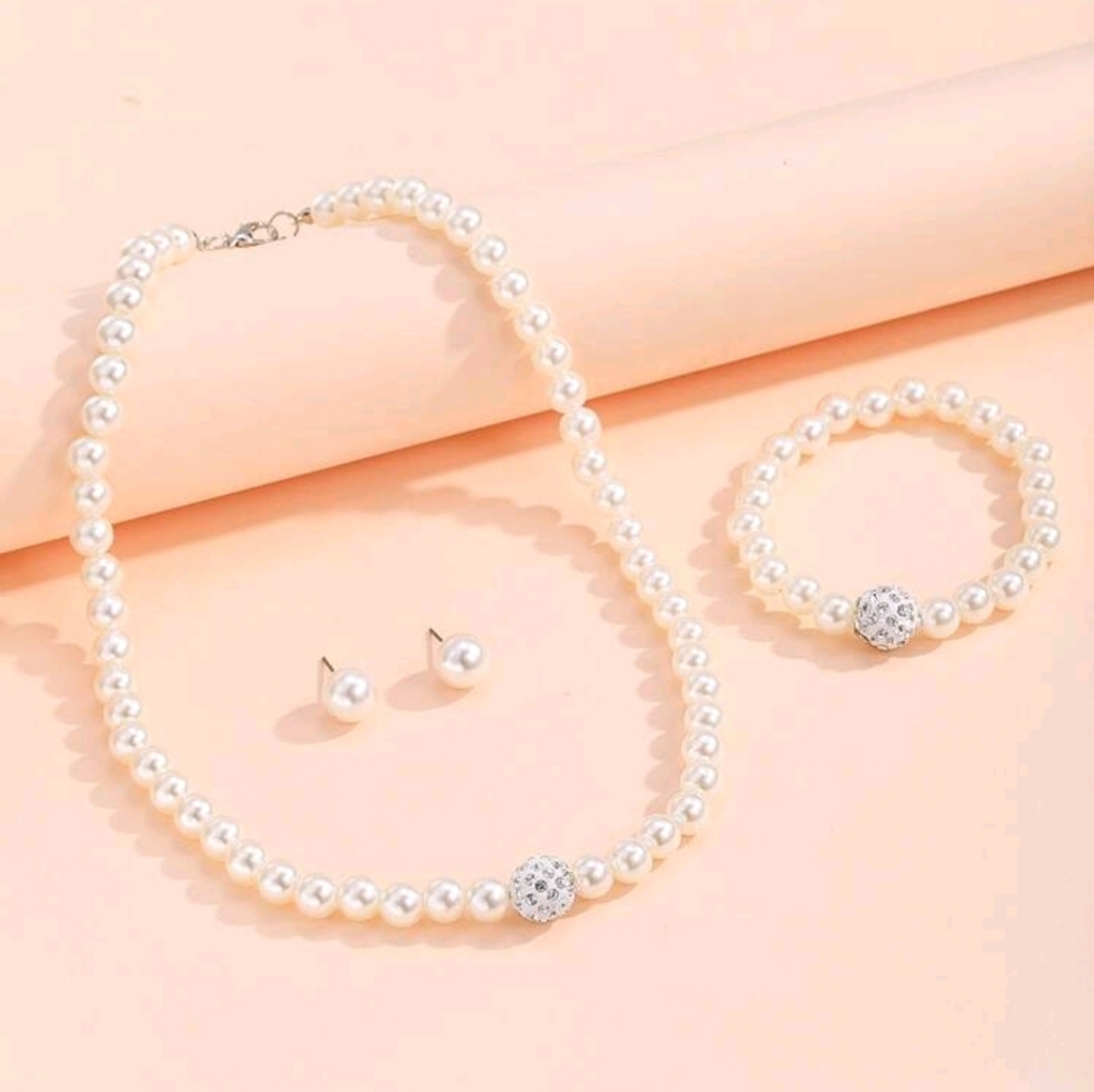 Faux Pearl Necklace, Earrings, And Bracelet Set